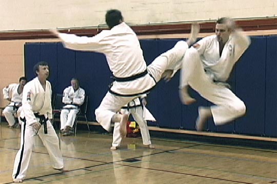 Two men sparring  are both executing kicks at the same time.