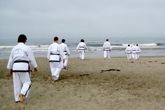 Men and women black belts in uniform walk away from the camera, across a beach, towards the ocean.