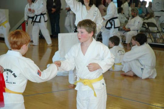 Two kids shake hands at a tournament.