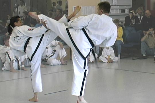 A man and a woman do high side kicks at the same time towards each other. Both have their backs to the camera.