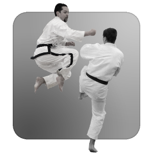 Will Coulter using a jumping hand technique toward an opponent who has one knee raised.